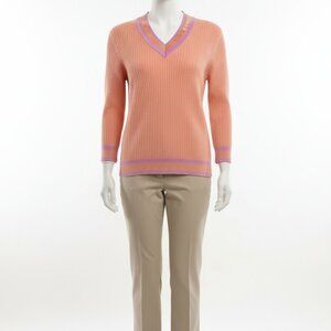 Jeanne Pierre Ribbed V-Neck Sweater Coral Lavender Stripe XL Cotton